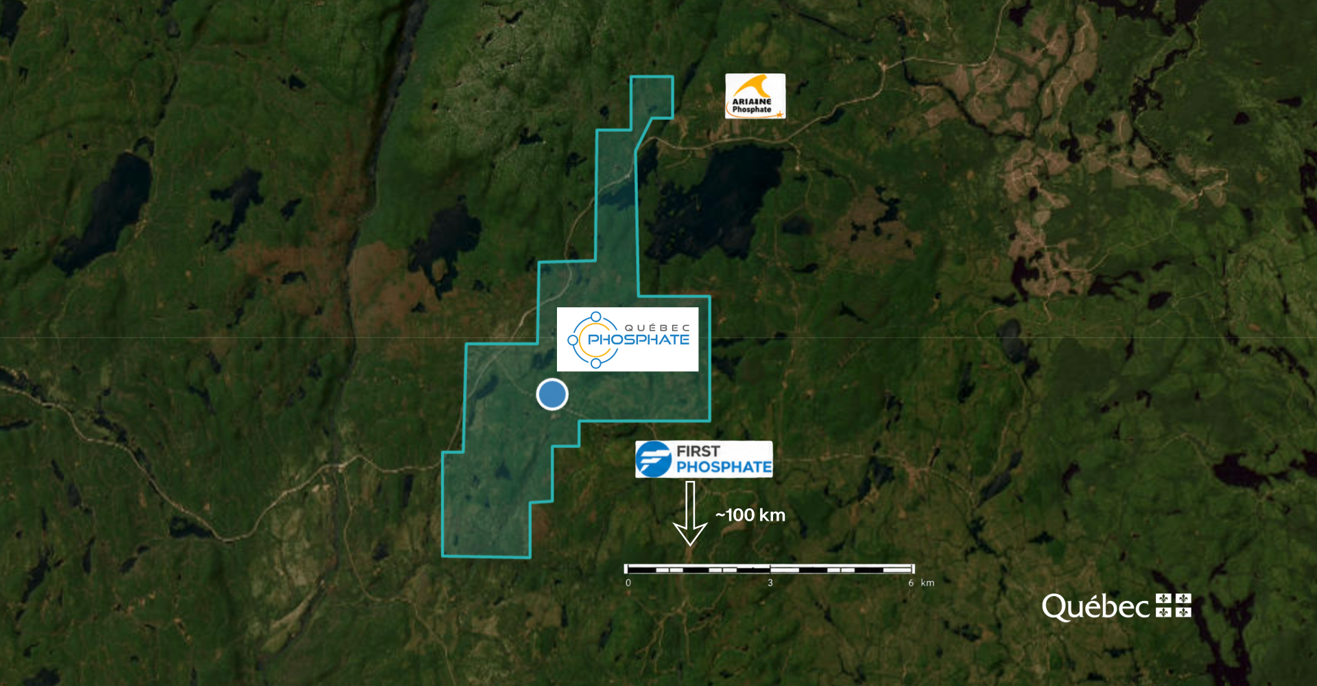 CH-98 satellite map showing Quebec Phosphate property, Ariane Phosphate and First Phosphate