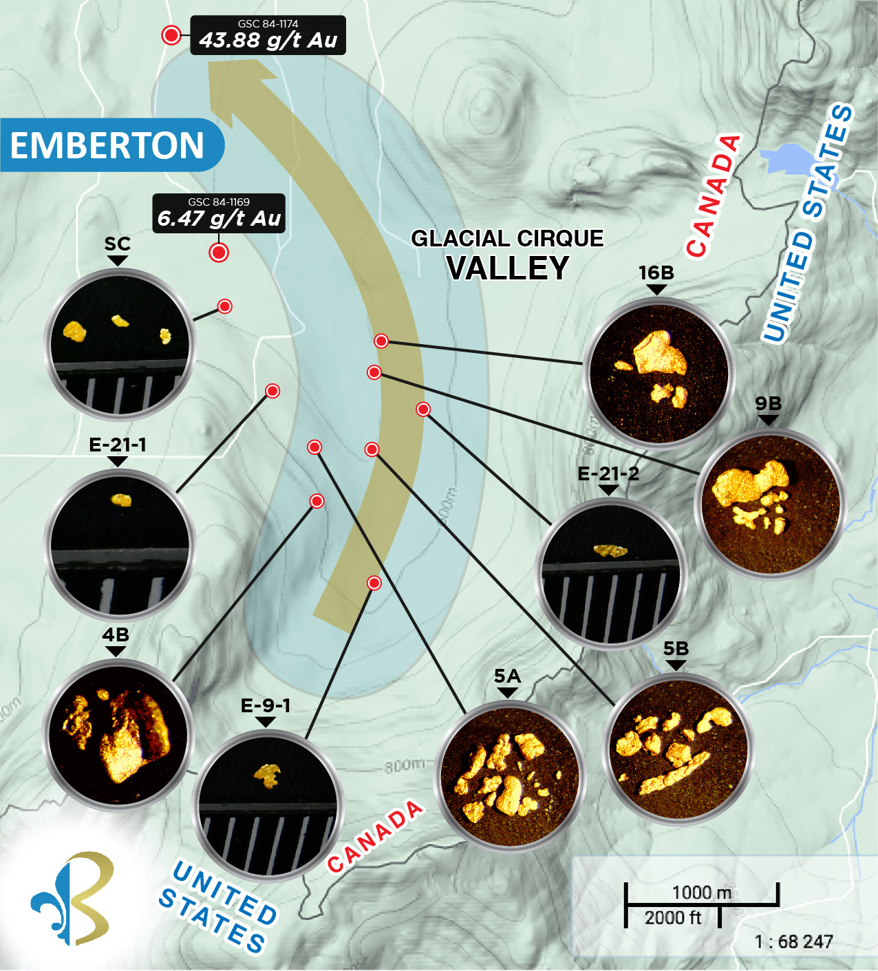 Emberton target map showing large gold grain discovery trend