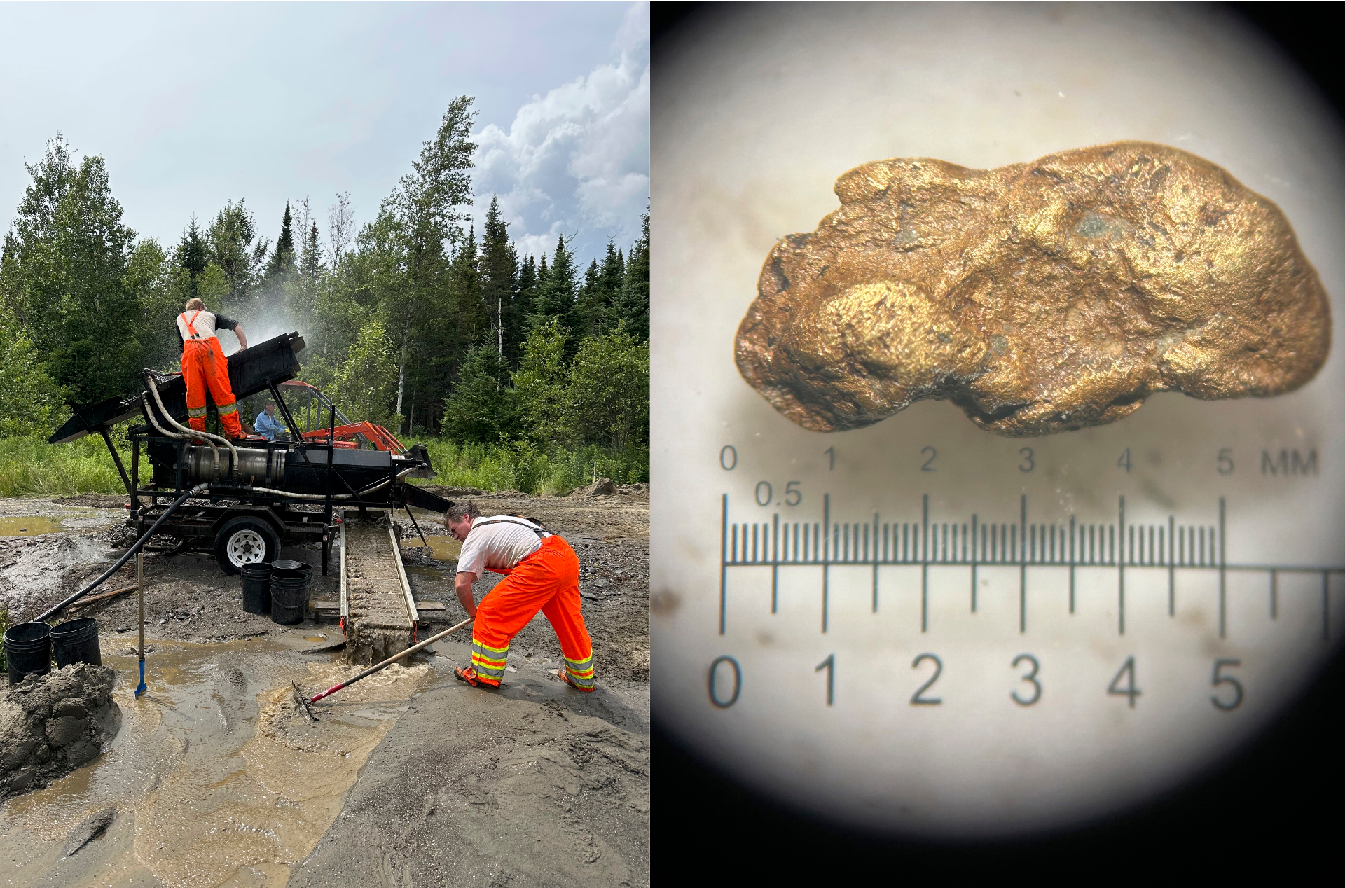 Bulk sampling trommel operation and recovered gold nugget with scale